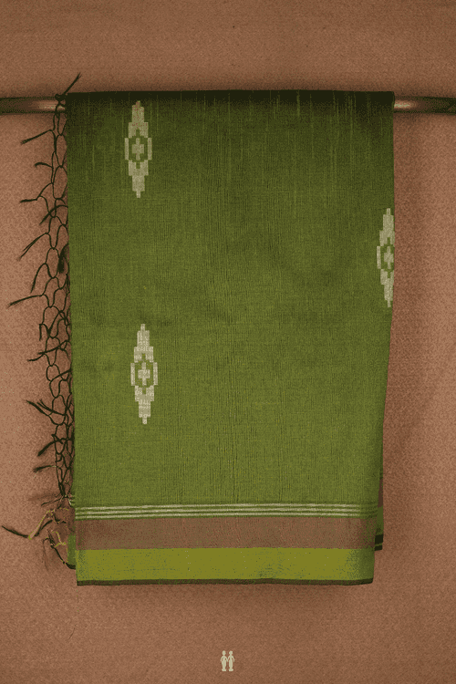 Allover Threadwork Motifs Olive Green Semi Jute Saree