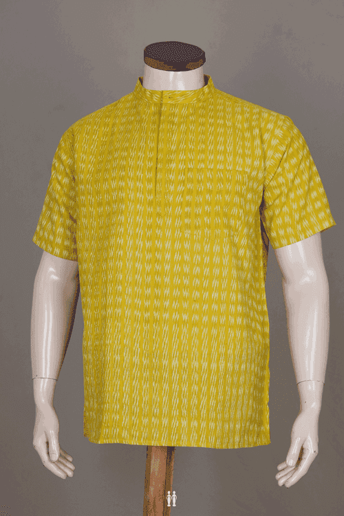 Chinese Collar Ikat Design Lemon Yellow Cotton Short Kurta