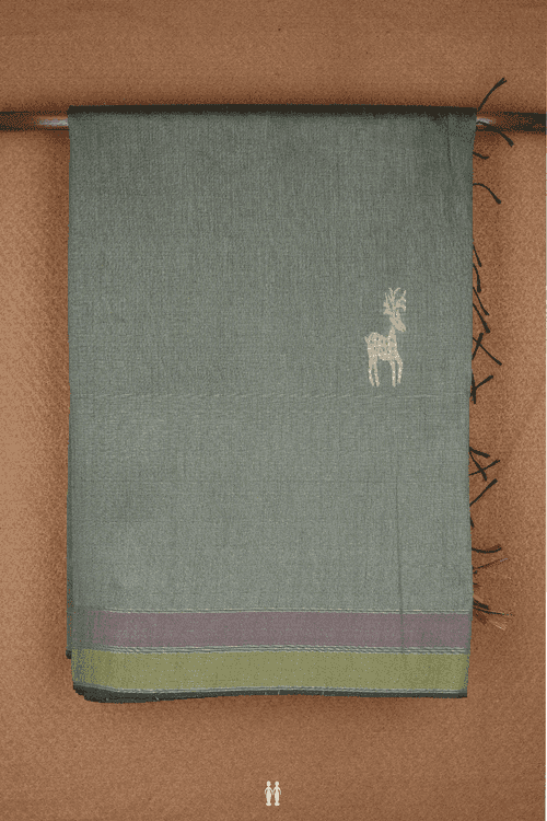 Deer Threadwork Buttas Moss Green Semi Jute Saree