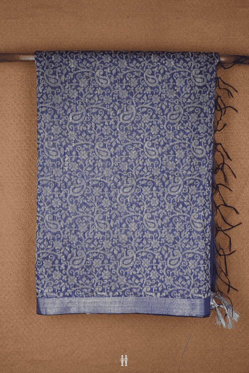 Floral Paisley Threadwork Design Royal Blue Semi Jute Saree