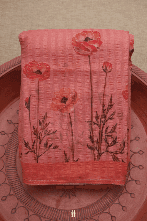 Floral Digital Printed Pale Salmon Pink Chiffon Saree