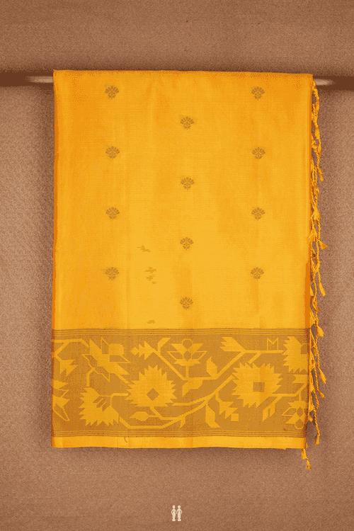 Floral Threadwork Buttas Marigold Yellow Soft Silk Saree