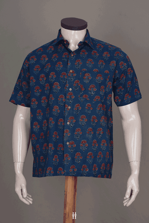 Regular Collar Navy Blue Ajrakh Printed Cotton Shirt