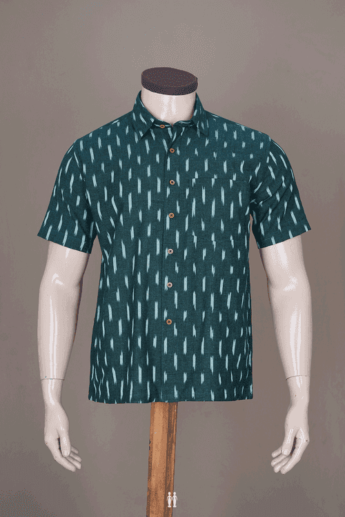 Regular Collar Ikat Design Pine Green Cotton Shirt