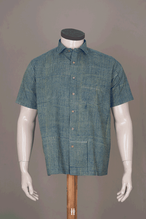 Regular Collar Square Design Shades Of Green Cotton Shirt