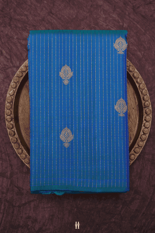 Stripes With Buttas Peacock Blue Kanchipuram Silk Saree
