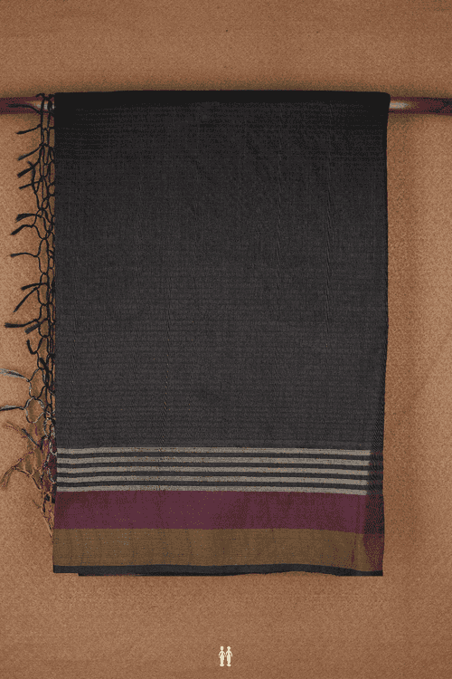 Zari Border Plain Dark Oak Brown Semi Jute Saree