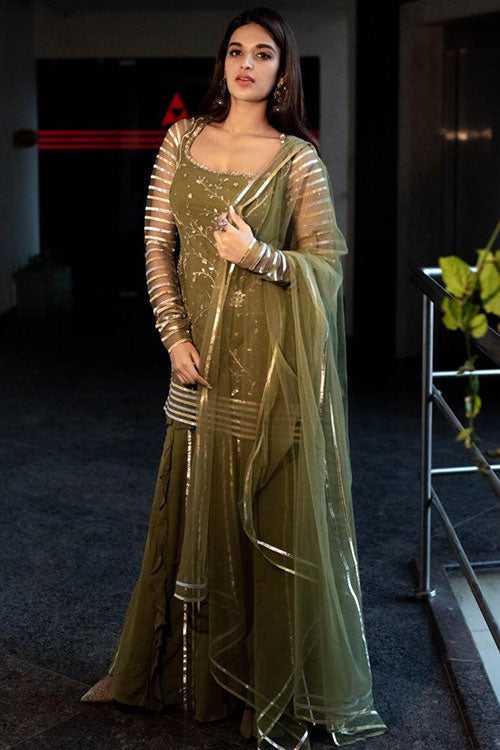 Nidhi Aggarwal In Our Olive Ruffle Sharara Set With Zari, Gota And Hand Beading Of 3D Florals