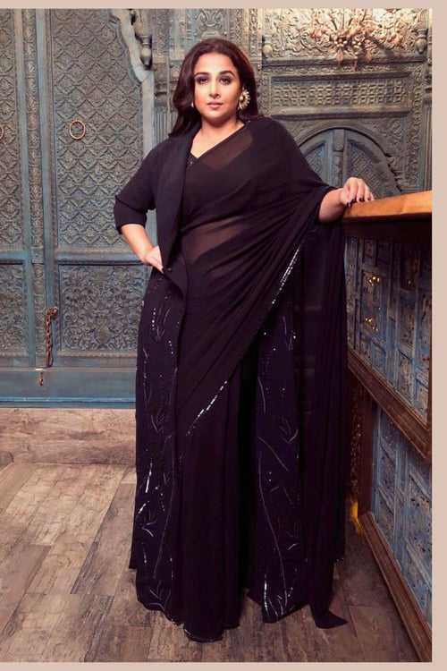 Vidya Balan In Our Black Long Coat And Slip Gown Set