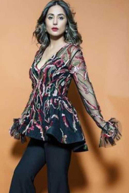 Hina Khan In Our Black Multi Peplum Top