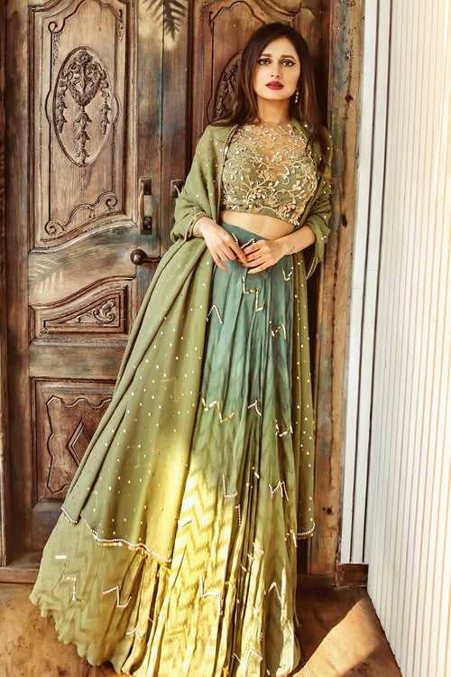 Nidhi Kunder In Our Evergreen Olive Ombre Chevron Zari Lehenga