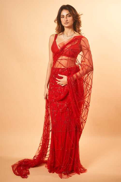 Palak Tiwari In Our Red Embellished Pre-Draped Saree