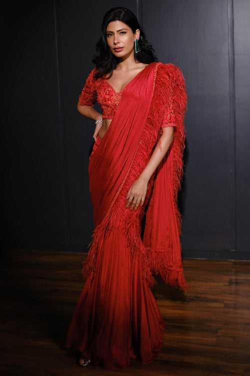 Red Pre-Draped Feather Saree
