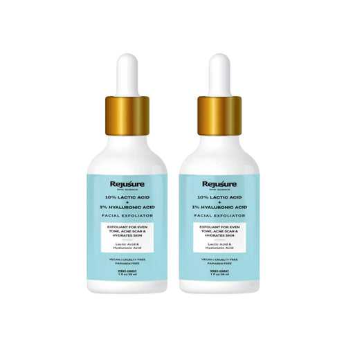 Rejusure Lactic Acid 10% + Hyaluronic Acid 1% Facial Exfoliator Exfoliant for Even Tone, Acne Scar & Hydrates Skin Best for Sensitive, Dry & Oily skin – 30ml (Pack of 2)