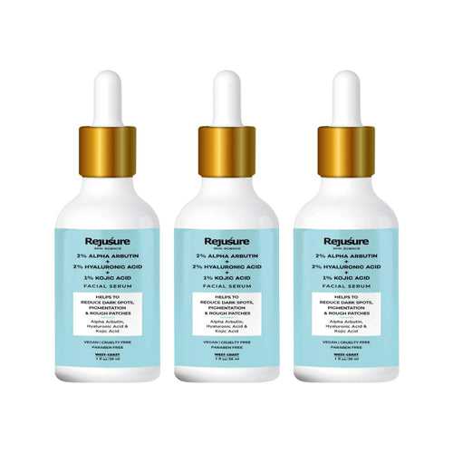 Rejusure Alpha Arbutin 2% + Hyaluronic Acid 2% + Kojic Acid 1% Face Serum for Dark Spot, Pigmentation, Sun Tanning, Removes Blemishes, Uneven Skin Tone & Acne Marks - 30ml (Pack of 3)