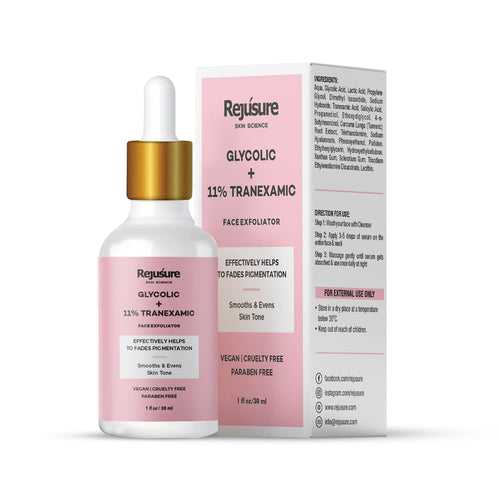 Rejusure Glycolic Acid + 11% Tranexamic Acid Face Exfoliator Fades Pigmentation & Sun Tan, Remove Acne, Dead & Uneven Skin | Oily, Dry & Normal Skin | For Men & Women – 30 ml