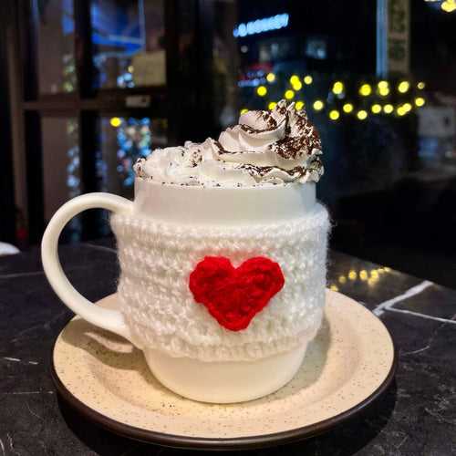 Crochet Mug Cozy - White With Red Heart