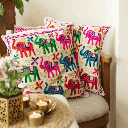 Elephant Aari Embroidery Cushion Cover (Set of 2)