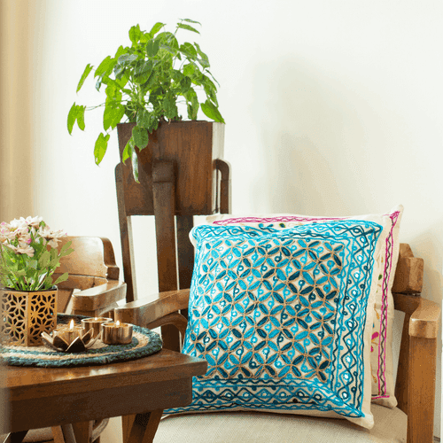 Shades Of Blue Aari Embroidery Cushion Cover (Set of 2)