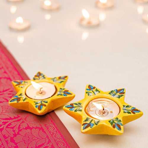 Tulip Blue Pottery Candle Holder - Yellow (Set Of 2)