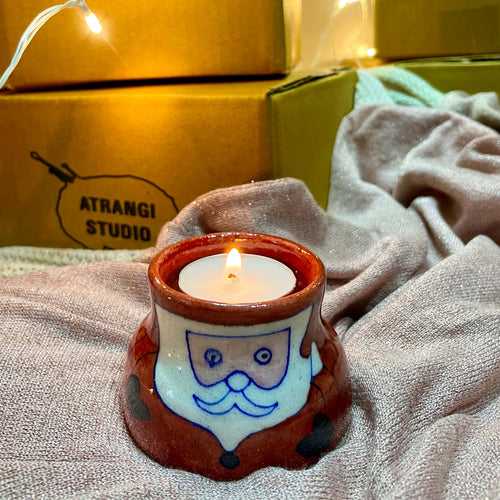 Santa Blue Pottery Candle Holder