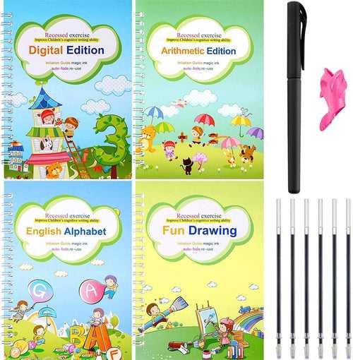 SET OF 4 REUSABLE MAGIC BOOKS FOR CHILDREN PRACTICE WITH FREE MAGIC PEN