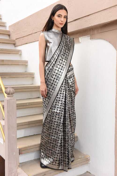 Women's Shyam-Chandra Silver Brocade Saree - Black colour