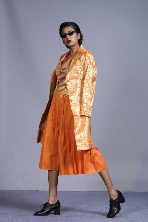 Women's spun silk skirt- Orange Colour, Knife-pleated, calf-length