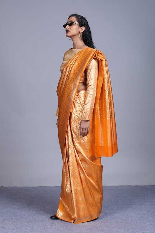 Women's Agni Gold Brocade Saree- Citrus Orange Colour