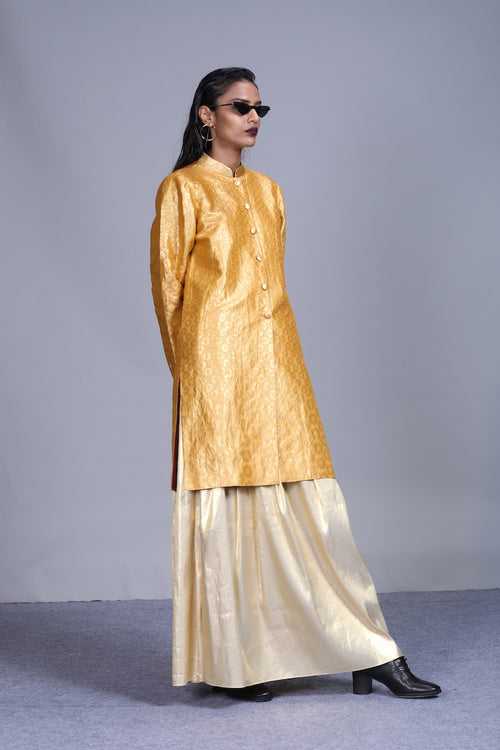 Women's Surya Gold Brocade Sherwani- Metallic Yellow colour