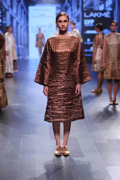 VARAK PURE METALLIC Antique copper Houndstooth bell sleeves dress