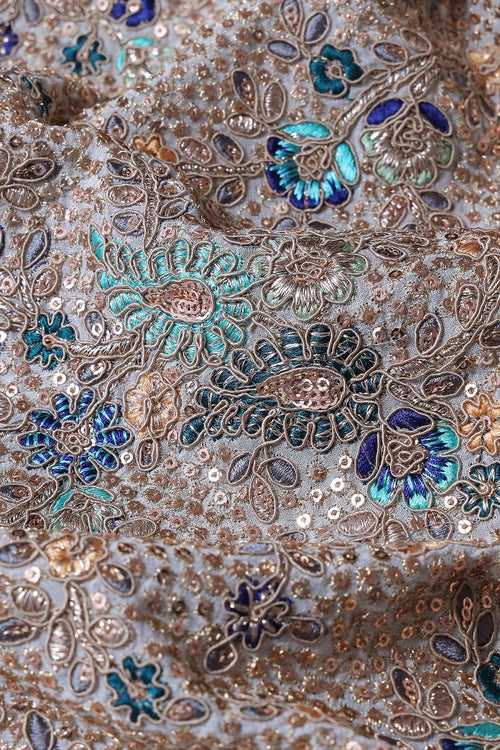 1.50 Meter Cut Piece Of Gold Sequins With Sky Blue And Rama Thread Embroidery On White Viscose Georgette Fabric