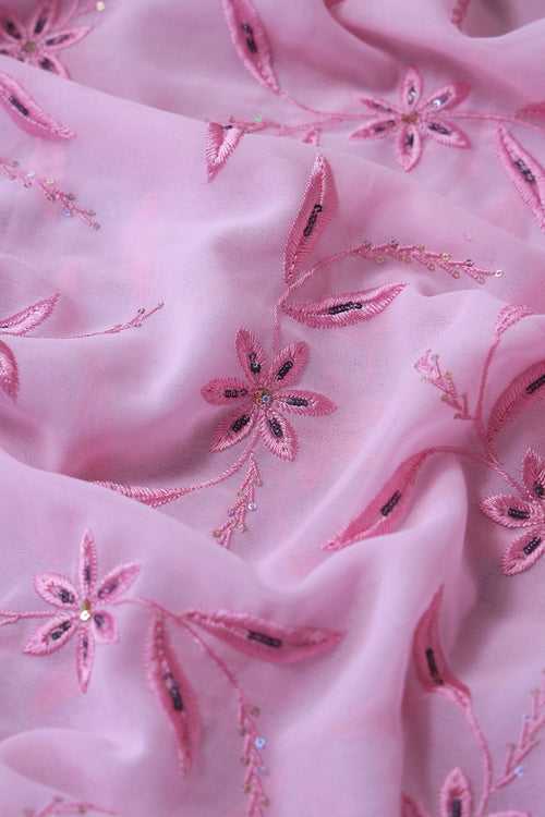 1.50 Meter Cut Piece Of Pink Thread With Sequins Floral Embroidery On Pink Georgette Fabric