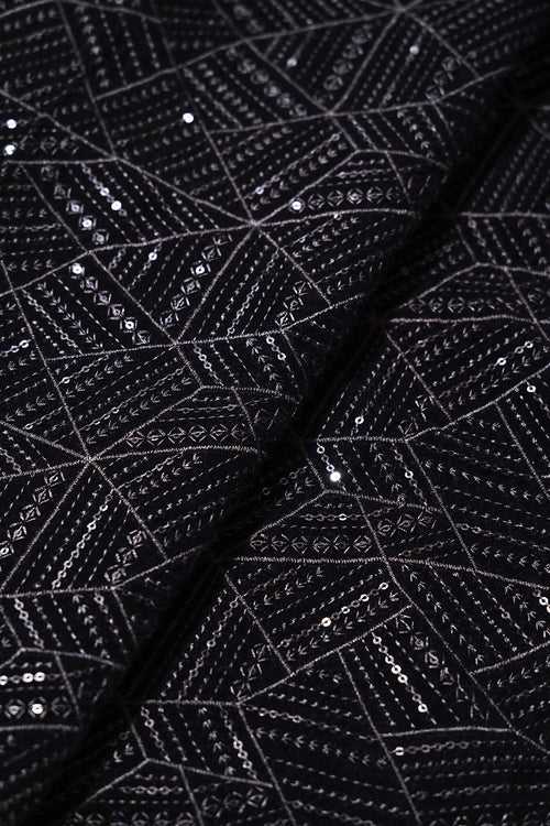 3.50 Meter Cut Piece Of Black Thread With Sequins Geometric Embroidery Work On Black Velvet Fabric