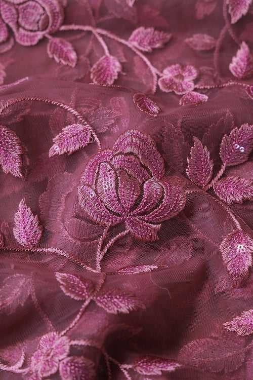 3.50 Meter Cut Piece Of Mauve Thread With Sequins Floral Embroidery On Mauve  Soft Net Fabric