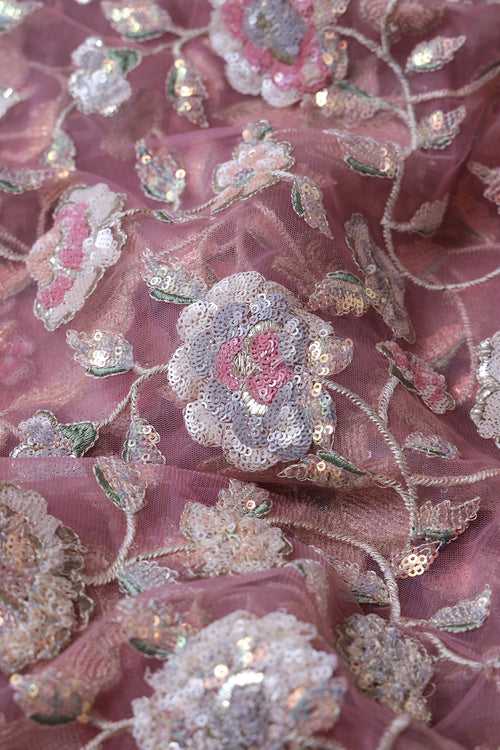 4 Meter Cut Piece Of White Thread With Multi Sequins Beautiful Floral Embroidery On Pink Soft Net Fabric