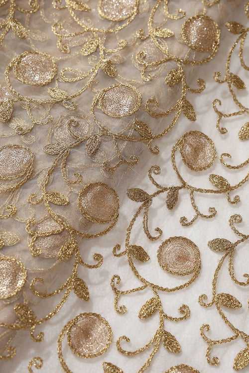 5.75 Meter Cut Piece Of Gold Sequins With Gold Zari Leafy Embroidery On Beige Soft Net Fabric