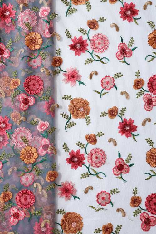 6.50 Meter Cut Piece Of Multi Thread Beautiful Floral Embroidery On Grey Soft Net Fabric