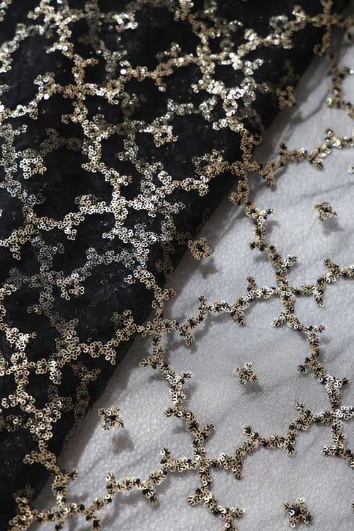 7 Meter Cut Piece Of Gold Sequins Geometric Embroidery On Black Soft Net Fabric