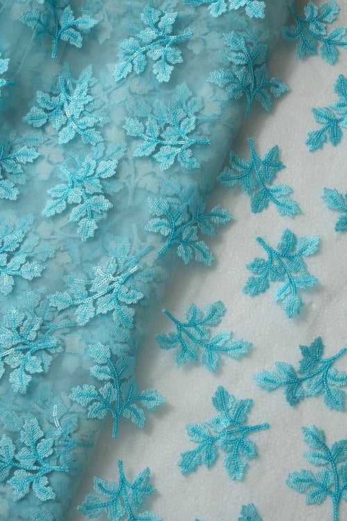 7 Meter Cut Piece Of Sky Thread With Sequins Floral Leafy Embroidery On Sky Soft Net Fabric