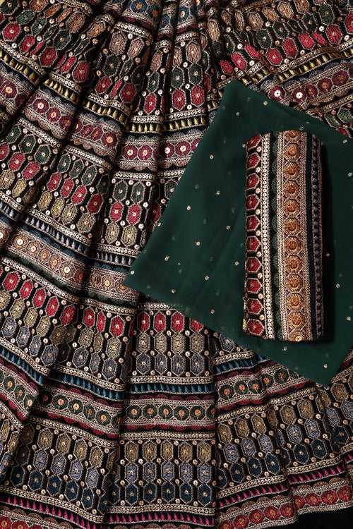 Black And Bottle Green Unstitched Lehenga Set Fabric (3 Piece)