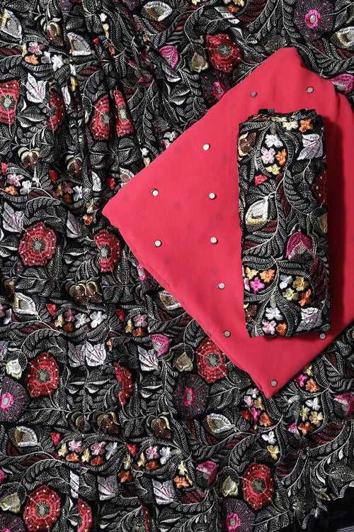 Black And Crimson Red Unstitched Lehenga Set Fabric (3 Piece)