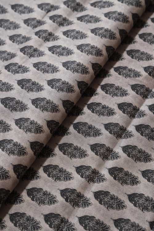 Black Leafy Digital Print On Grey Tussar Satin Fabric