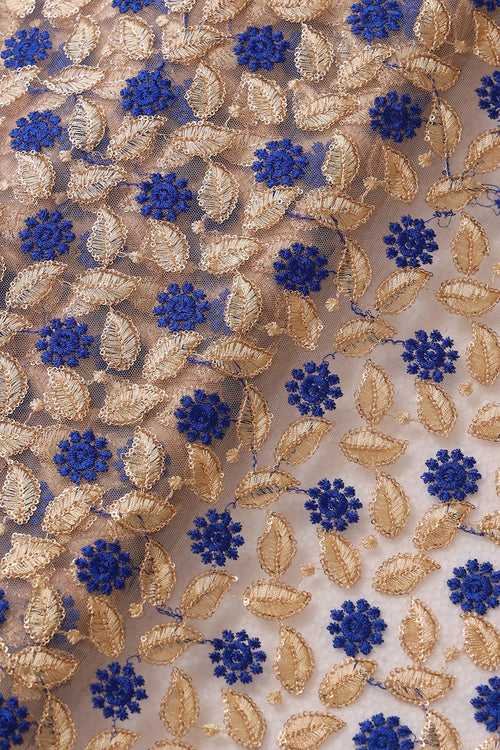 Blue And Beige Thread With Sequins Leafy Embroidery On Beige Soft Net Fabric