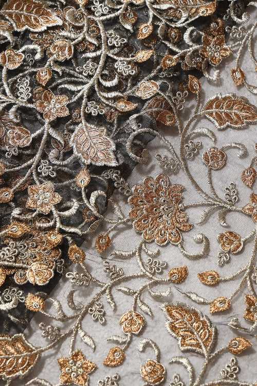 Gold And Copper Heavy Zari Floral Embroidery On Black Soft Net Fabric