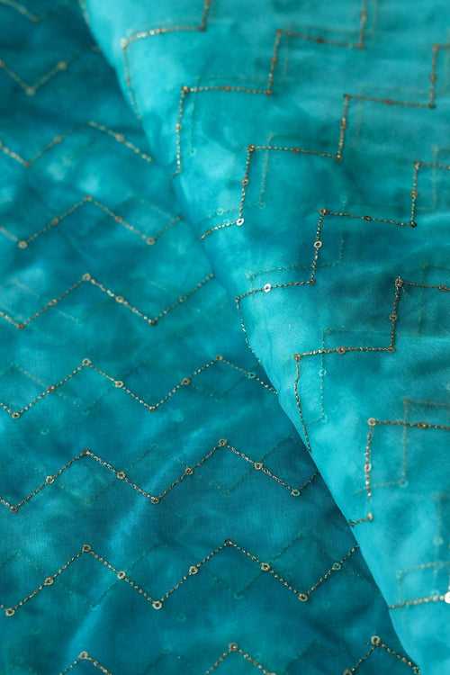 Gold Sequins Chevron Embroidery Work On Tie & Dye Rama Organza Fabric