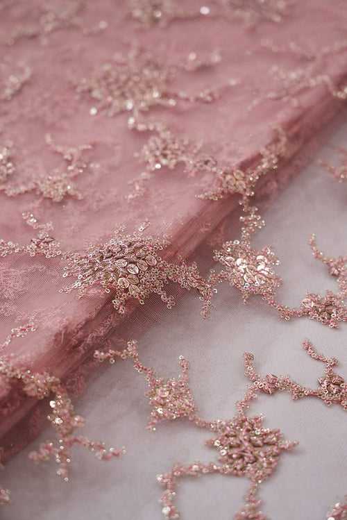 Gold Sequins with Baby Pink Thread Work Embroidery On Baby Pink Soft Net Fabric