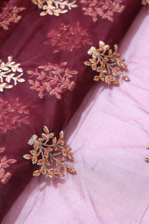 Gold Zari With Gold Sequins Floral Butta Embroidery On Maroon Soft Net Fabric