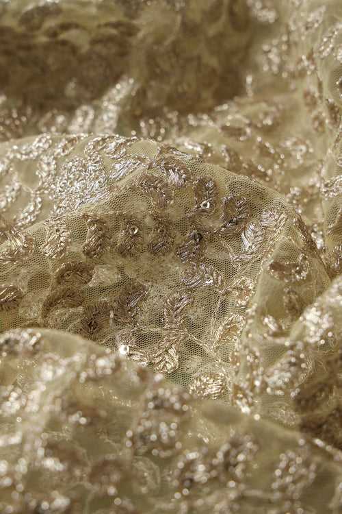 Gold Zari With Gold Sequins Leafy Heavy Embroidery Work On Pastel Yellow Soft Net Fabric