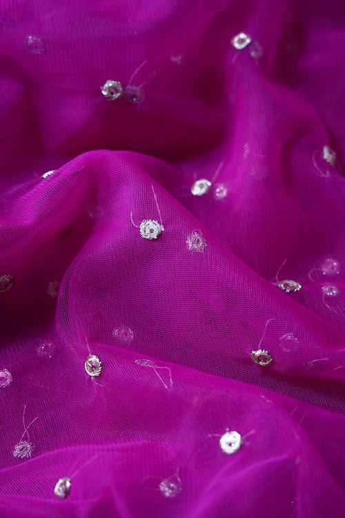 Gold Zari With Gold Sequins Small Motif Embroidery On Purple Soft Net Fabric